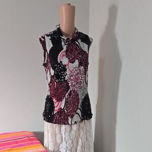 Sere Nade Black Pink White Pleated Floral Bow High Neck Sleeveless Blouse L